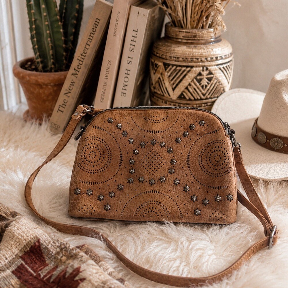 Sam & Hadley Crossbody Bag Womens Tan Western Studded Cutout Zip adjustable